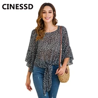 cinessd women print chiffon blouse o neck long ruffles sleeves loose casual tops pullover tee shirts tunic bowknot tie blouses
