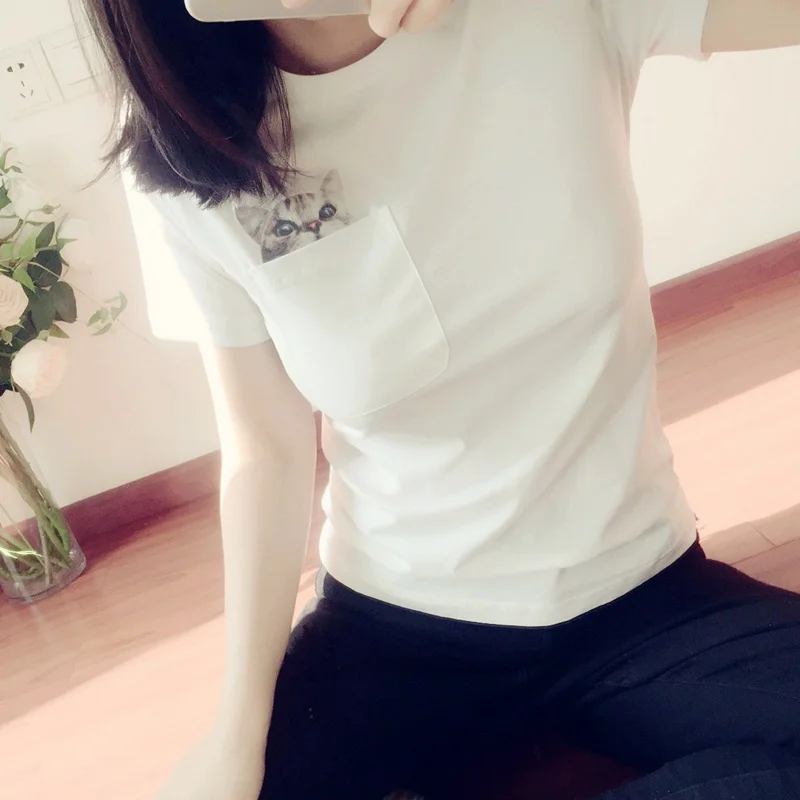 Женская футболка с принтом кошки F1711 Белые Повседневные крутые футболки в летнем