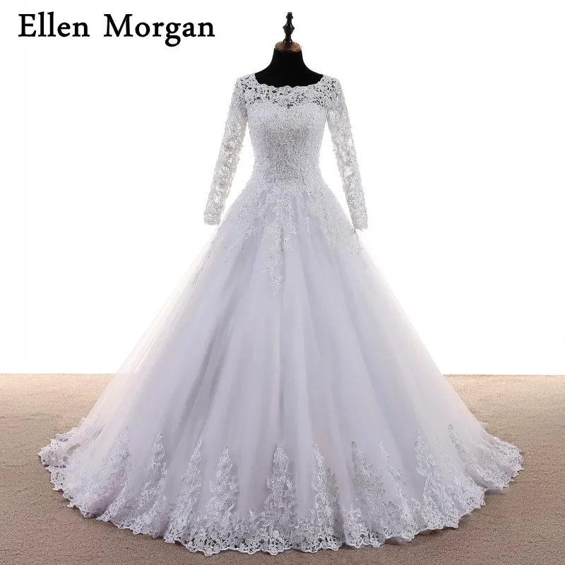 Кружевные бальные платья с длинным рукавом свадебные 2019 Аппликация из бисера