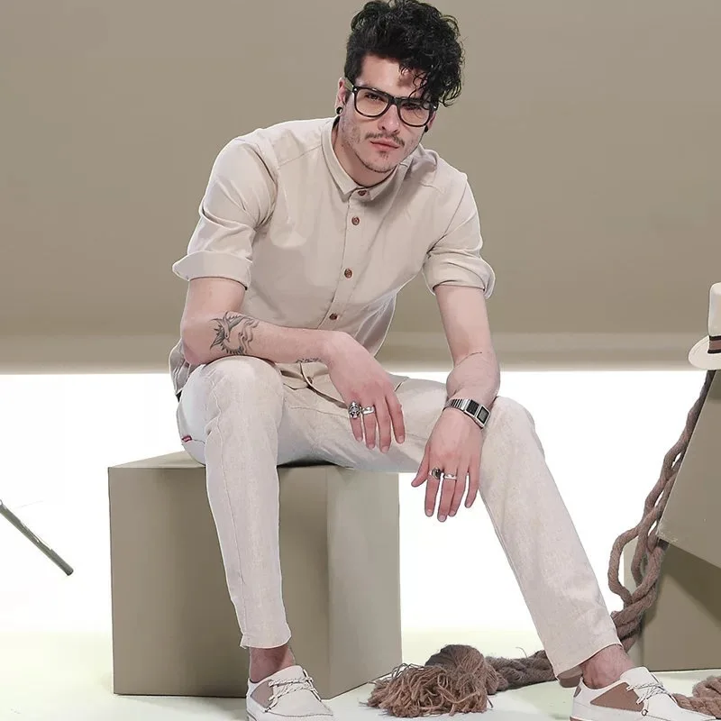 Мужские хлопковые рубашки с рукавом три четверти льняные приталенные мужские