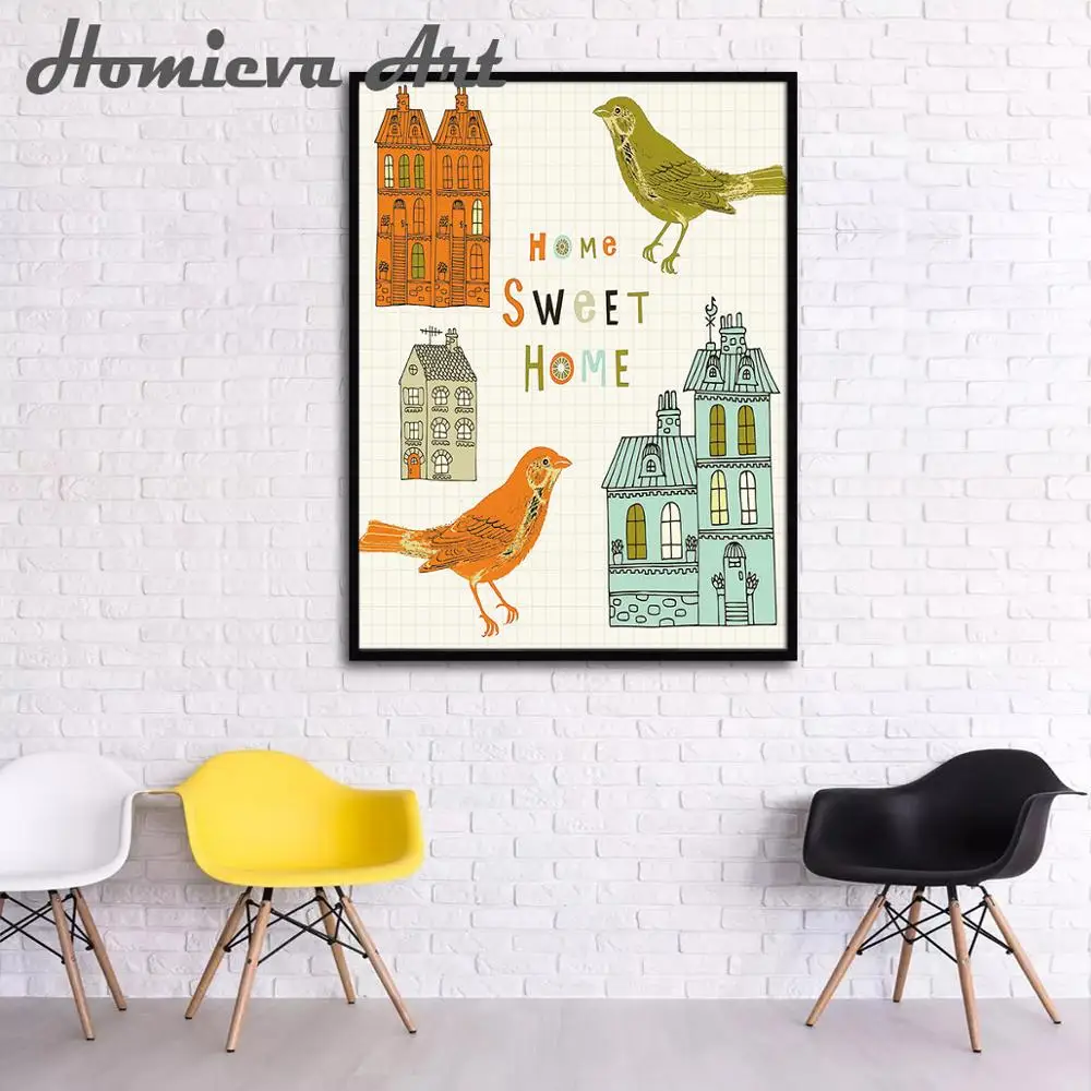 Cartoon City birds House Canvas Art Painting Print Poster And Prints Wall Pictures Kids Room Decor | Дом и сад