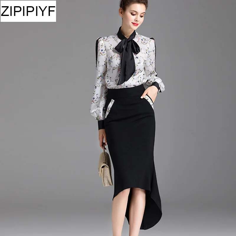 

Spring two piece set women suits Sexy slim Printed chiffon shirt and high-waisted Irregular OL office Package hip Bodycon skirt