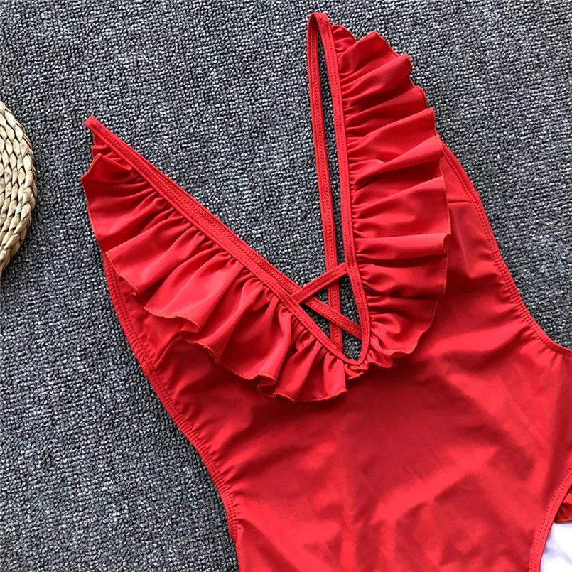 Женский купальник бикини Biqiuni красный с оборками и пуш ап пляжная одежда лето