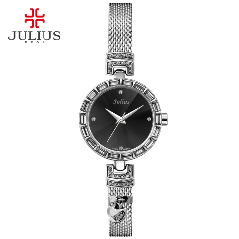 Женские часы Julius серебристые стальные с блестящими чешскими камнями сердечком