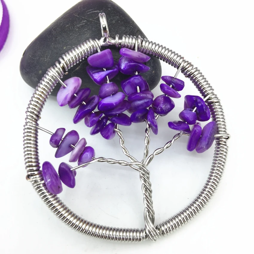 

High grade women purple shell irregular gravel round pendant 50mm stone wire winding wisdom tree chip women jewelry making B3052