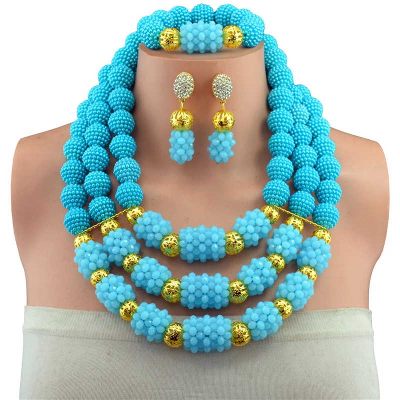 2017 Модный женский комплект ювелирных изделий с голубыми бусинами Свадебный Топ