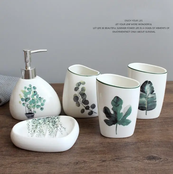 5 pcs set A Нордическое зеленое растение, керамика, 5 шт., Товары для ванной комнаты, аксессуары для ванной комнаты, наборы, свадебный набор для ванны, подарки, бутылка для хранения в ванной, 0946 - Цвет: 5 pcs set A