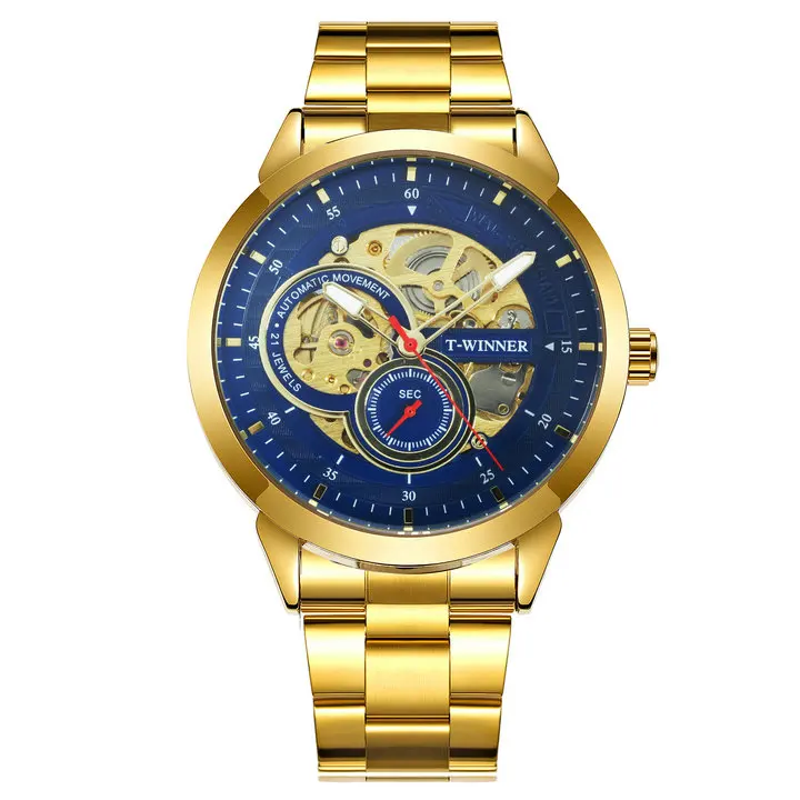 GOLD BLUE Роскошные Брендовые мужские часы Победитель автоматические механические часы с скелетом мужские золотые часы с ремешком из нержавеющей стали деловые часы Wirstwatch - Цвет: GOLD BLUE