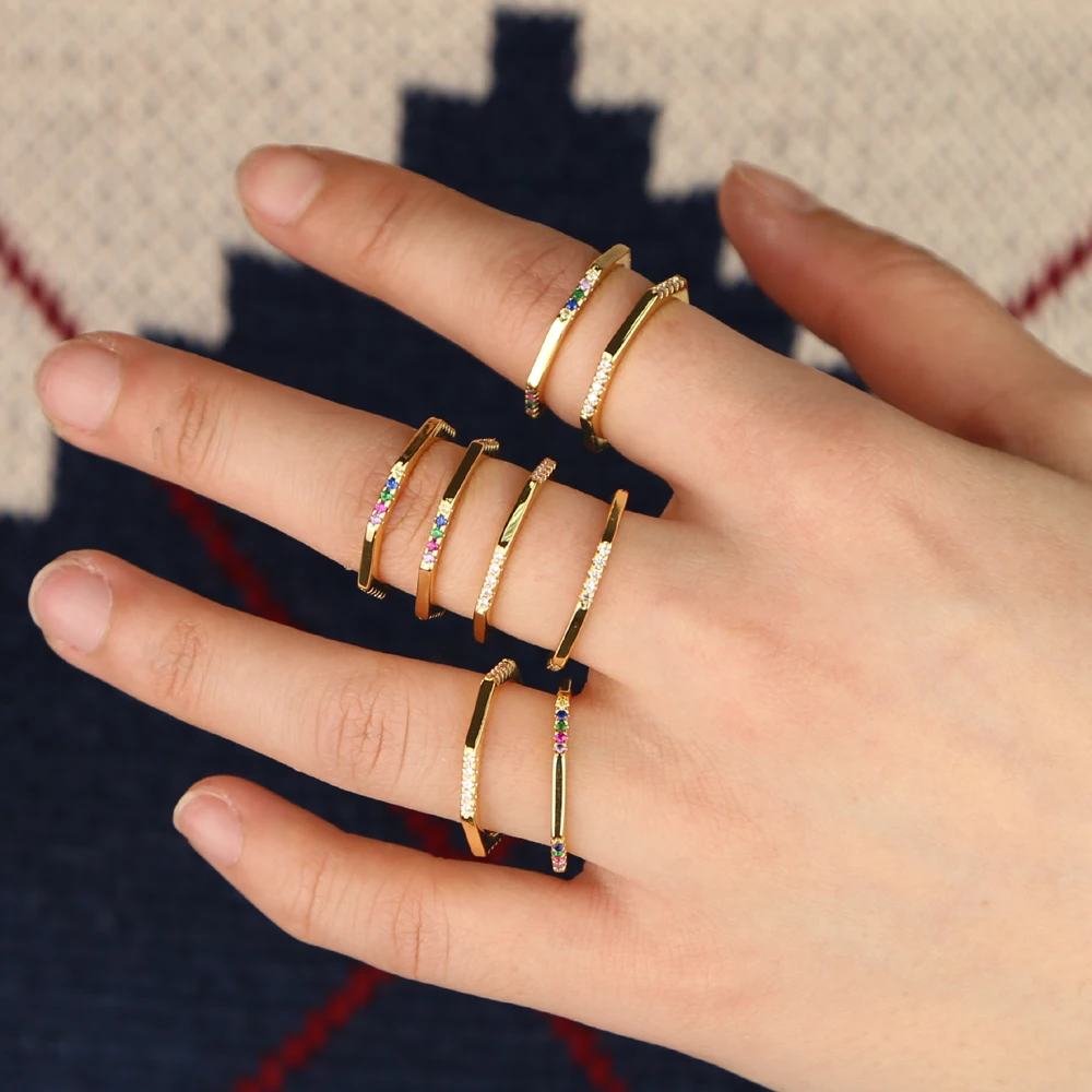 tiny New design geometry square ring simple girlfriend lovely jewelry Gold color white rainbow cz women girl trendy | Украшения и