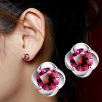 100 925 sterling silver fashion red crystal rose flower ladiesstud earrings jewelry female anti allergy drop shipping