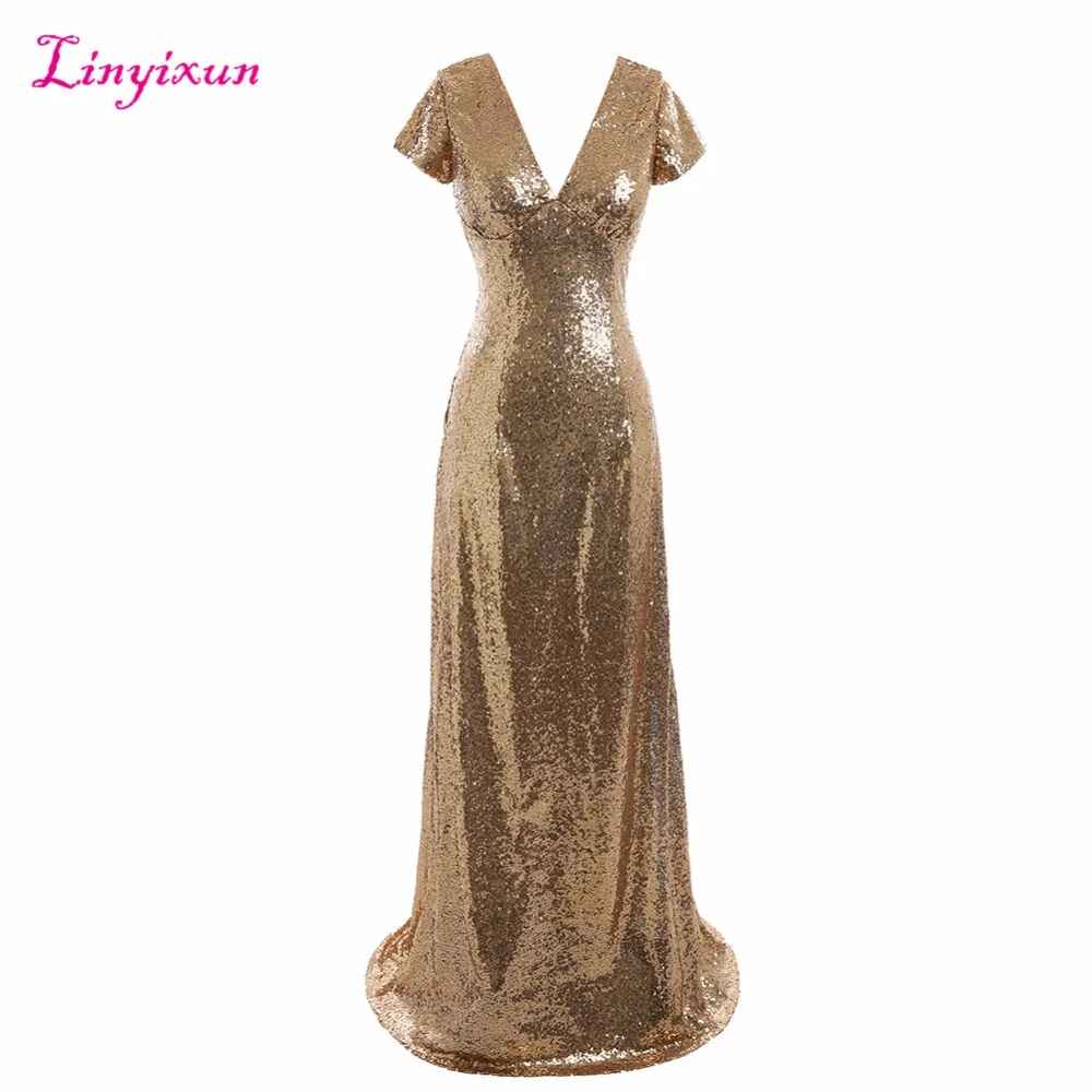 Платье подружки невесты Linyixun длинное платье цвета шампанского с блестками и