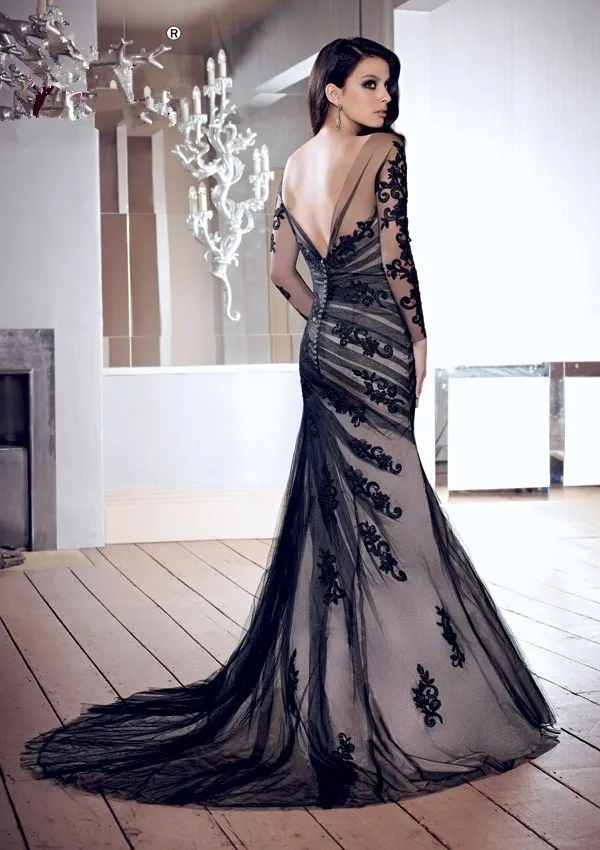 Maxidress Mermaid Long Sleeve Appliqued Fall Evening Dress Women Party Scoop Court Train 2015 vestidos de festa longo | Свадьбы и