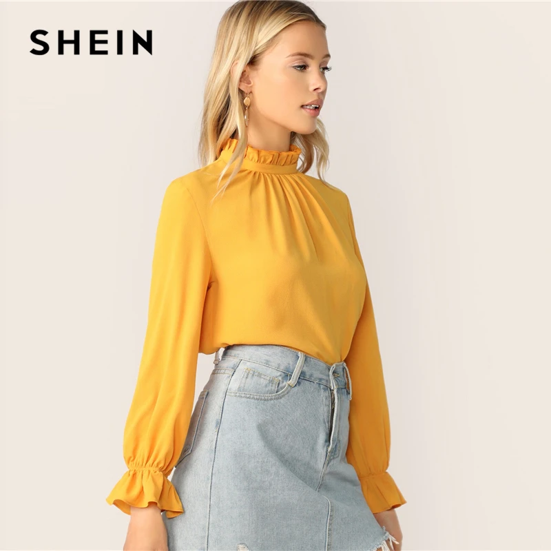 SHEIN модный топ с оборками на шее и манжетах, блузка с длинными рукавами и воротником-стойкой для женщин, весна-осень