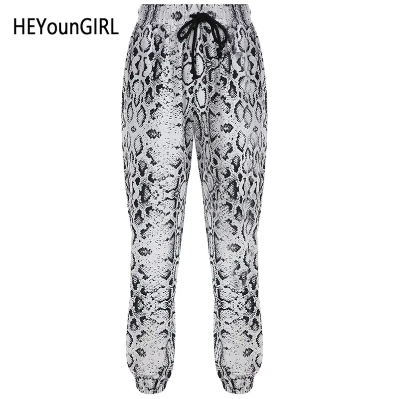 Белый HEYounGIRL животный змеиный принт черные белые бегуны женские повседневные брюки с высокой талией Капри Harajuku брюки женские карманные уличные - Цвет: Белый