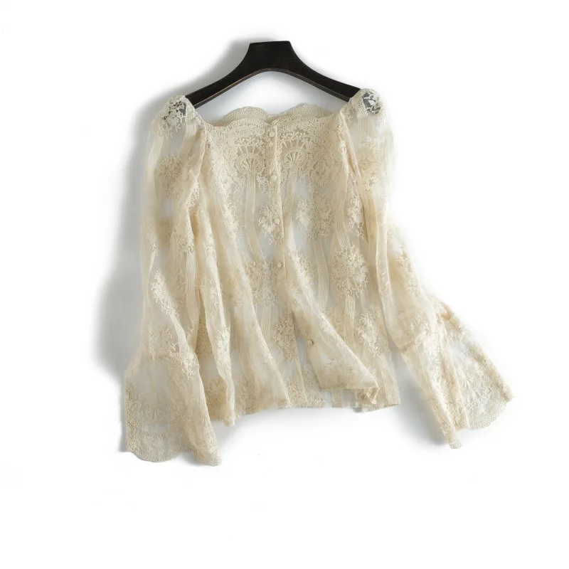 2018 летние цветочные вышивки блузка с длинным рукавом Для женщин кружева кимоно