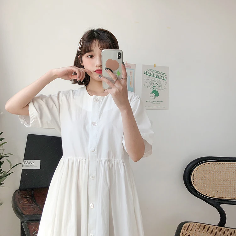 Летнее платье 2019 женское однотонное мини с круглым вырезом и коротким рукавом s