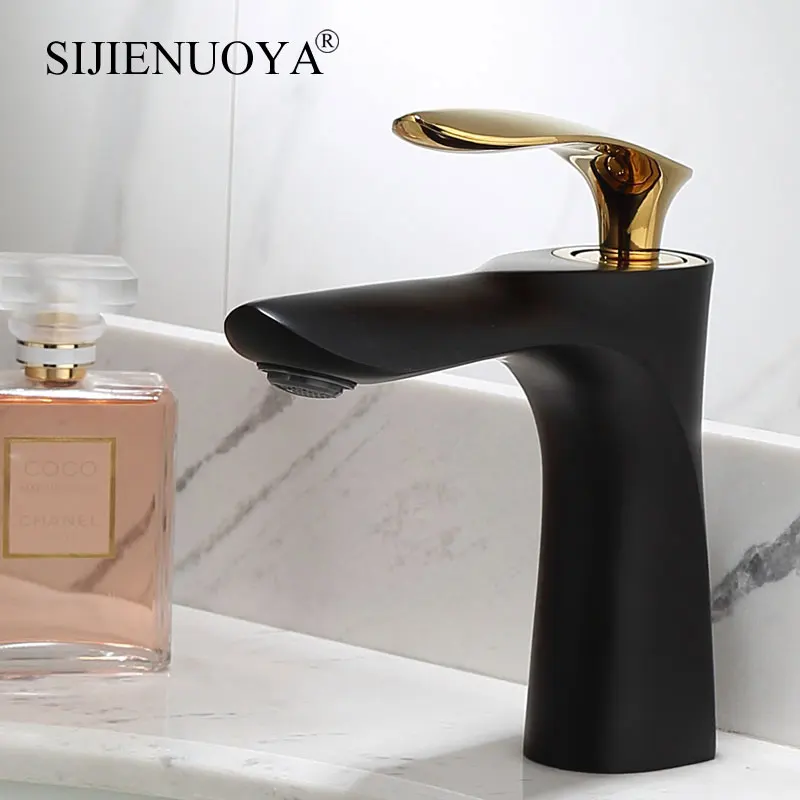 SIJIENUOYA Black Bathroom Faucet Basin Mixer Tap golden faucet with Hot and Cold Water Single Hole Mounted Sink | Обустройство дома