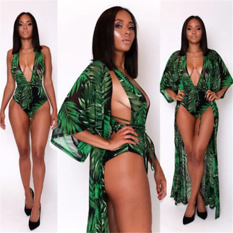 2017 Женский купальник + накидка пляжный кардиган с зелеными линиями вырезом