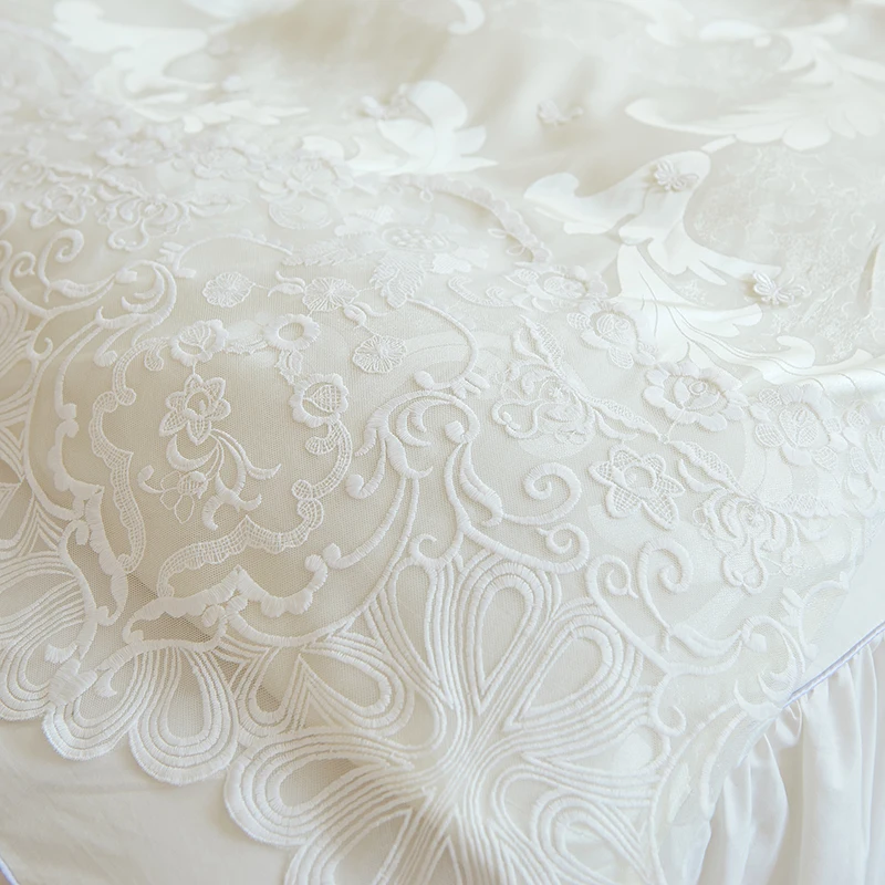 

2017 Luxury Jacquard Satin princess bedding sets Beige Lace Ruffles bedclothes queen king 4/6pcs girls duvet cover bed skirt