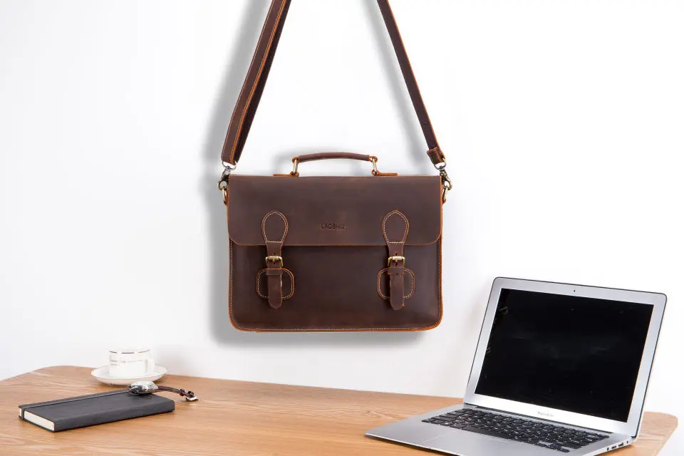 LAOSHIZI LUOSEN Men's Vintage Crazy Horse Leather Briefcase Messenger Shoulder Portfolio Laptop Bag Case Office Handbag