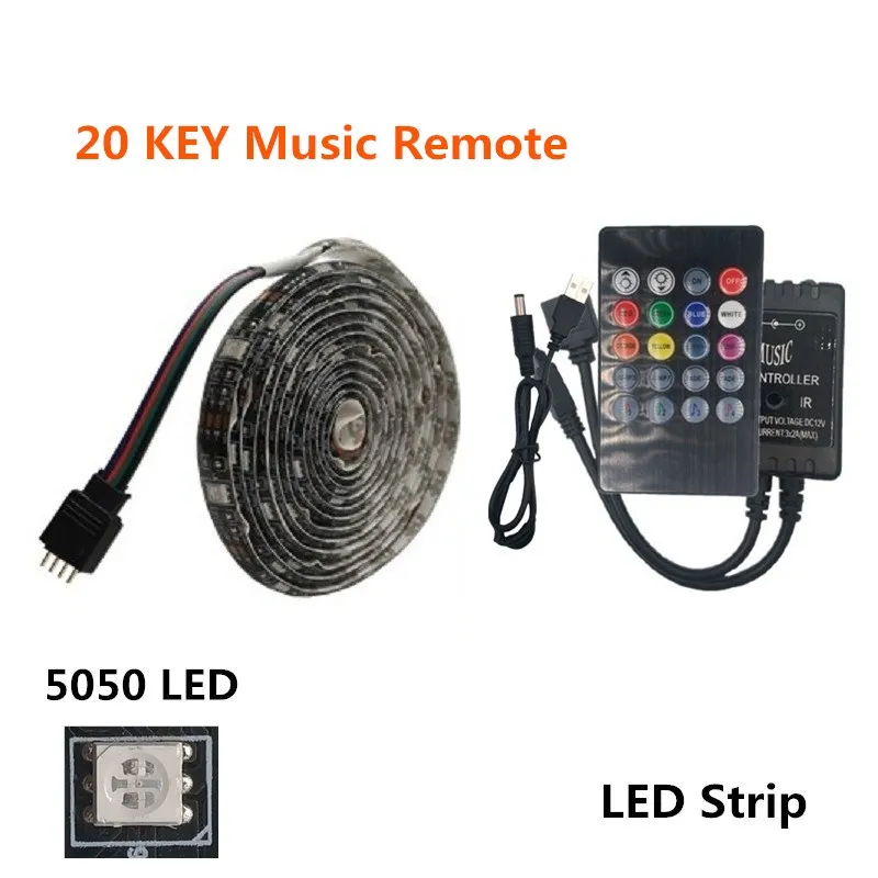 20Key Music Remote DC5V USB светодиодный полосы 5050 RGB/RGBW Белый свет, 50 см, 1 м, 2 м, ТВ фонового освещения flexibe светодиодный клейкая лента IP20/IP65 из водонепроницаемого материала - Испускаемый цвет: 20Key Music Remote