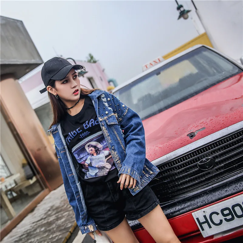

Vintage Blue Women Basic Denim Jacket With Pearls Beading 2019 Autumn Long Sleeve Oversized Jeans Coats Loose Female Top Outwear