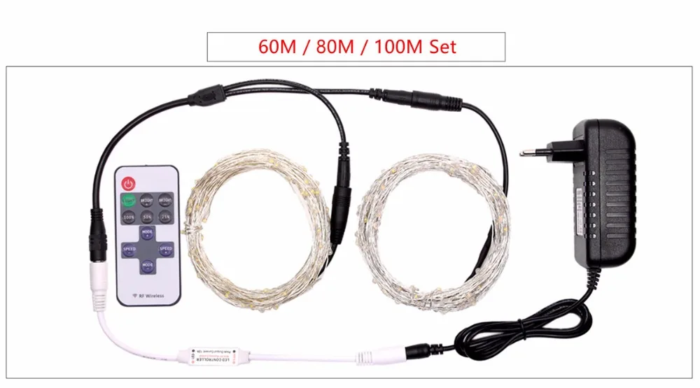 DC12V Светодиодный светильник-гирлянда 100 м 80 м 60 м 50 м 40 м 30 м 20 м 10 м 5 м серебряная проволока сказочное рождественское праздничное украшение с питанием и пультом дистанционного управления