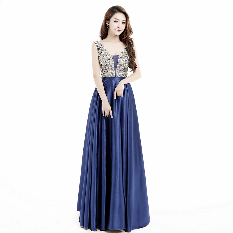 Navy Blue Новинка, длинное платье трапециевидной формы с треугольным вырезом и бусинами, с открытой спиной, элегантные вечерние платья, быстрая, платье для выпускного вечера - Цвет: Navy Blue