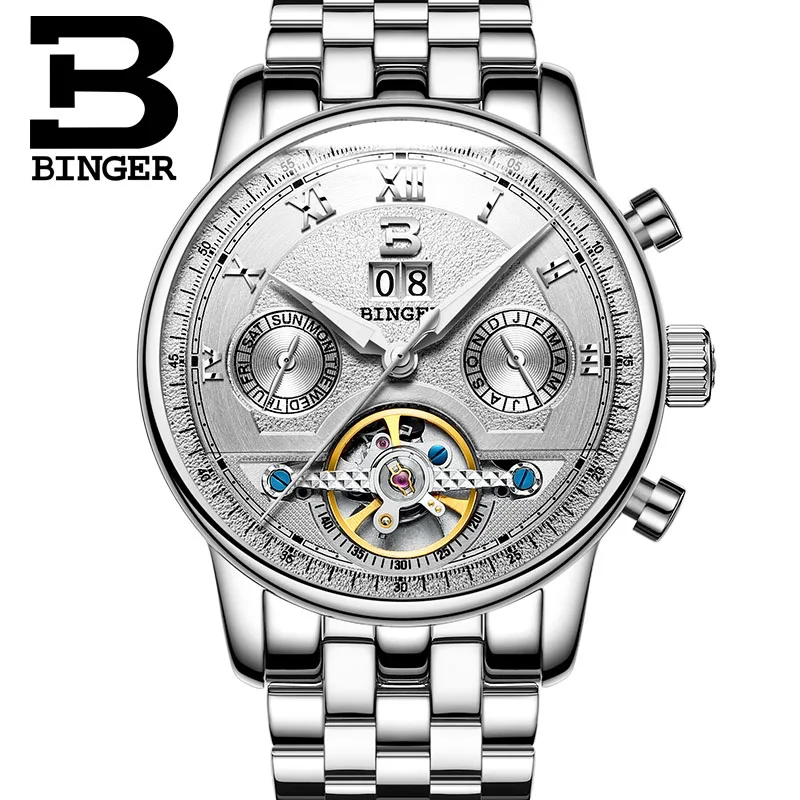 BINGER Full Calendar Tourbillon Auto Mechanical Mens Watches Top Brand Luxury Automatic Wrist Watch erkek kol saati Montre Homme