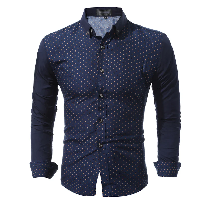 Мужская рубашка с длинным рукавом Повседневная приталенная в горошек отложным