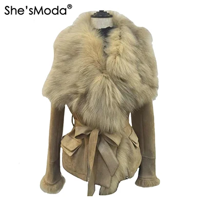 She'sModa роскошный замшевый натуральный Лисий меховой воротник пояса тонкий женский зимний панк пальто куртка - Цвет: beige