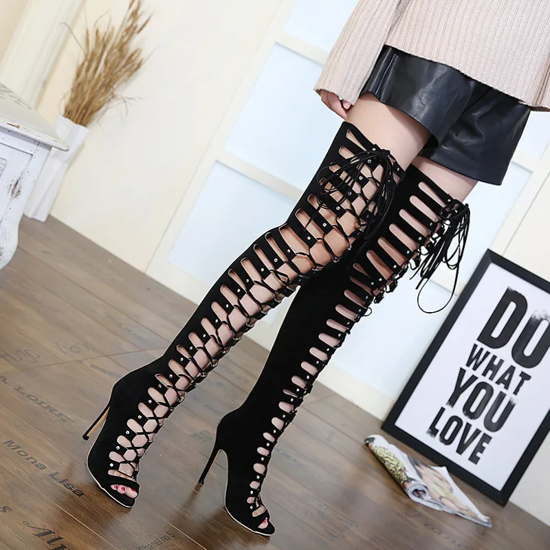 KARINLUNA Brand New Big Size 40 Cross Tied Zip Ladies High Heels Hollow Shoes Woman Casual Party Sexy Summer Over The Knee Boots