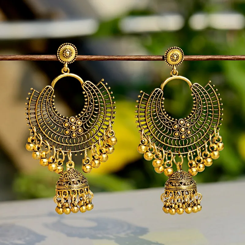 Фото 2022 круглые винтажные женские серьги-подвески Jhumka в этническом стиле, Турецкая бижутерия №3