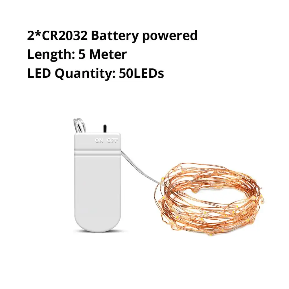 5M CR2032 Battery Гирлянда, медный провод, светодиодный светильник для кухни, 2 м, 5 м, 10 м, 20 м, батарея/перезаряжаемый, светодиодный, сказочный светильник, домашний декор, светильник - Цвет: 5M CR2032 Battery