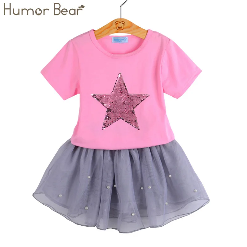 Humor bear/комплекты одежды для девочек Новая летняя Модная стильная футболка со звездами и блестками+ платье комплекты одежды для девочек из 2 предметов детская одежда
