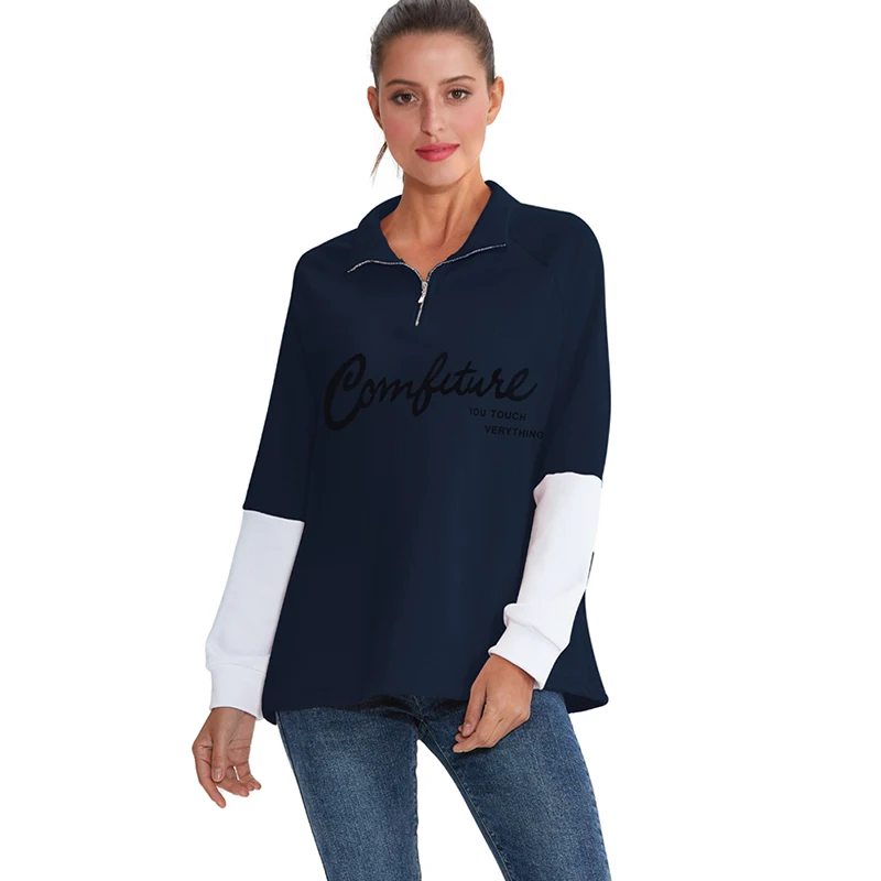 

Oversize Fashion Casual Cotton Spring Autumn Turn-down Collar Women Sweatshirt Patchwork Zip V-neck Pullover Tops Blouse M30109