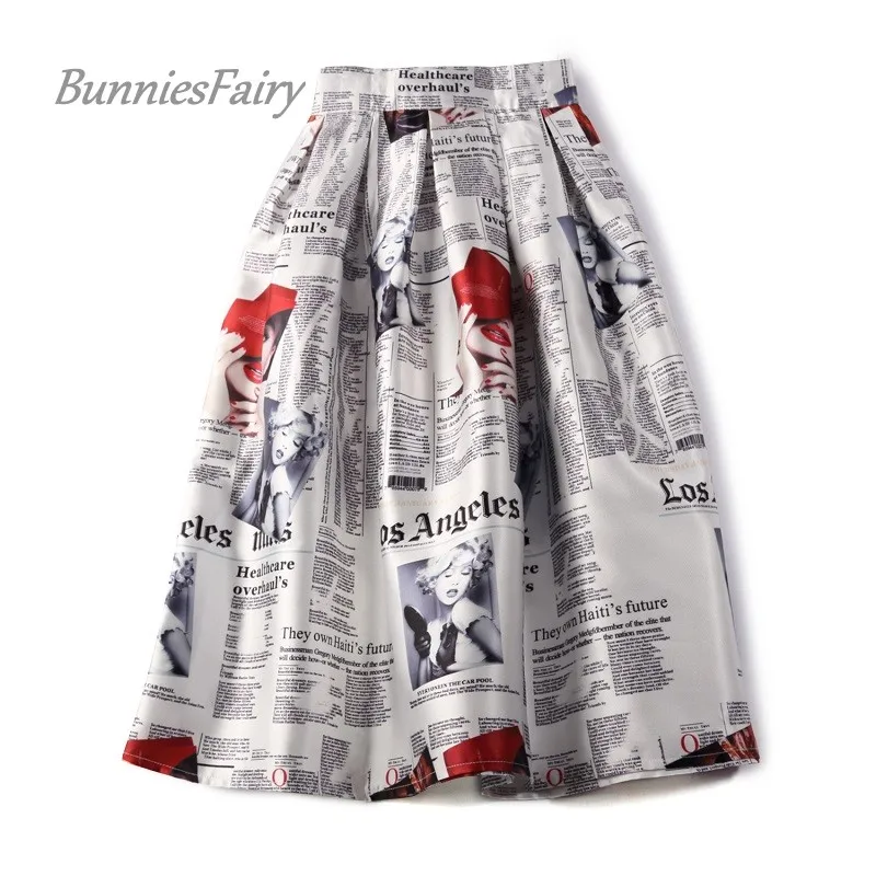 BunniesFairy, осень, 50 s, 60 s, Ретро стиль, для девушек, газетный принт, высокая талия, плиссированная, расклешенная юбка миди, Saia Longa Plissada