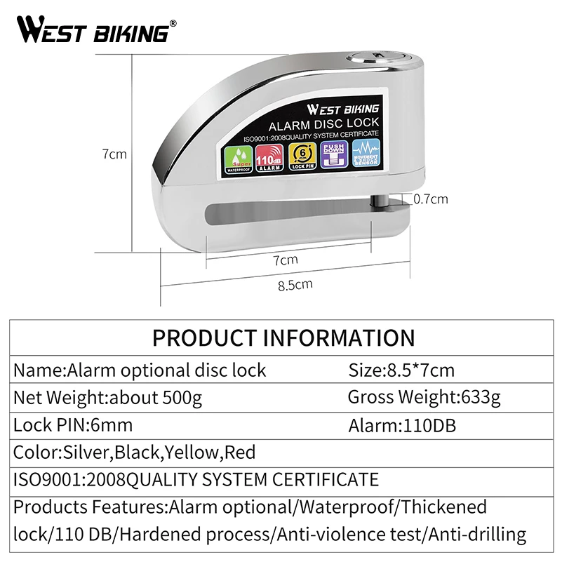 

WEST BIKING 110DB Bike Alarm Lock Bicycle Anti-theft Alarm Waterproof Wheel Disc Brake Security Safety Siren Lock Bicycle Lock