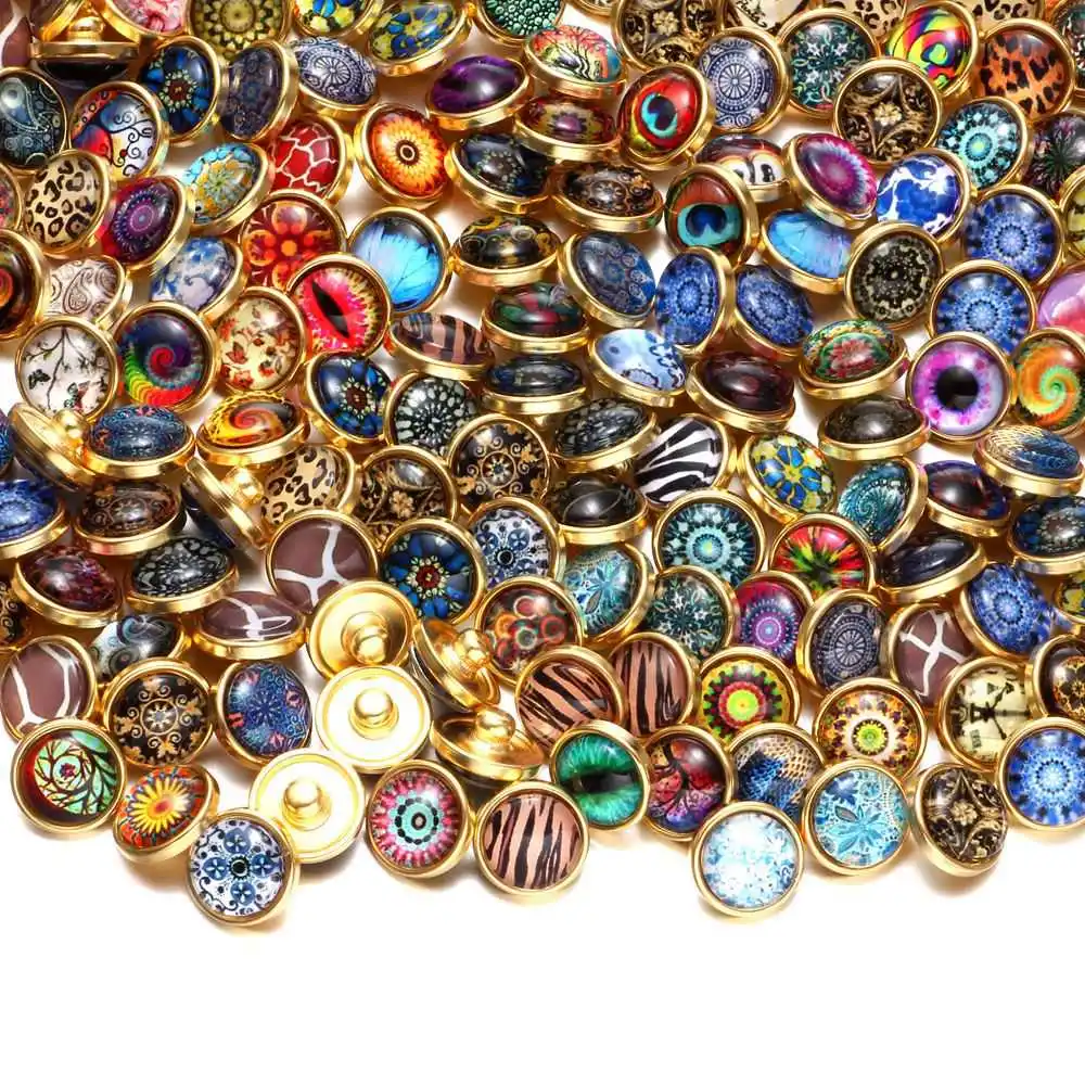 RoyalBeier 12pcs Snap Buttons 12mm Gold Color Charms Jewelry Copper Glass Cabochon Fit Button Earrings Bracelets Pendant | Украшения и