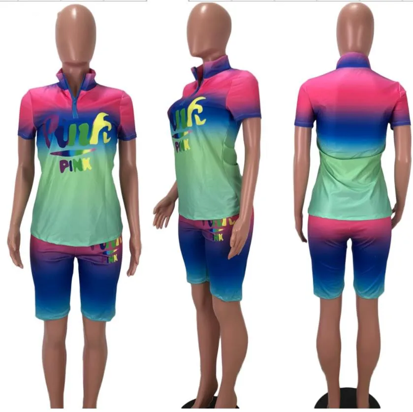 

2019 new women summer pink letter tie dye print short sleeve top knee length pants suit two piece set tracksuit 3 color YX9098