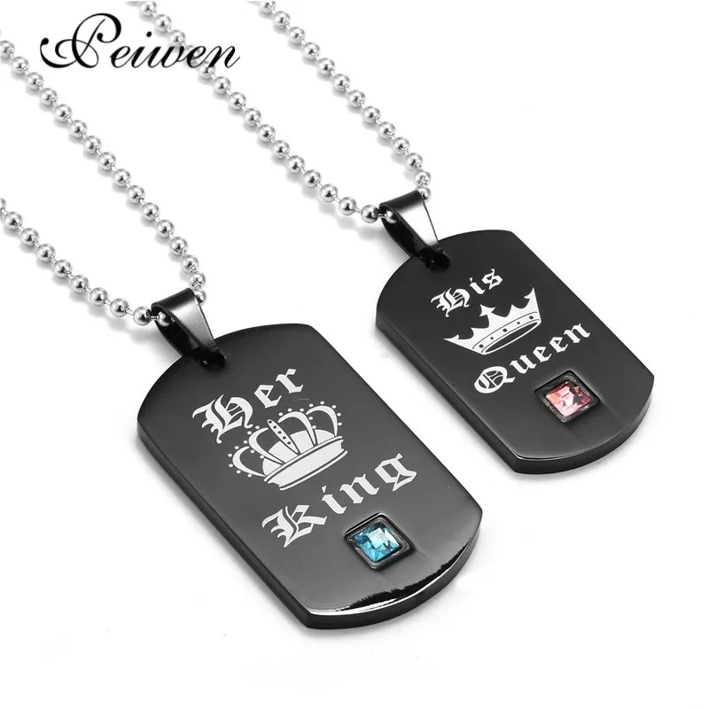 

Her King & His Queen Couple Pendant Necklace Stainless Steel Tag Necklace Silver Color Chain For Lovers Valentine's Day Gif