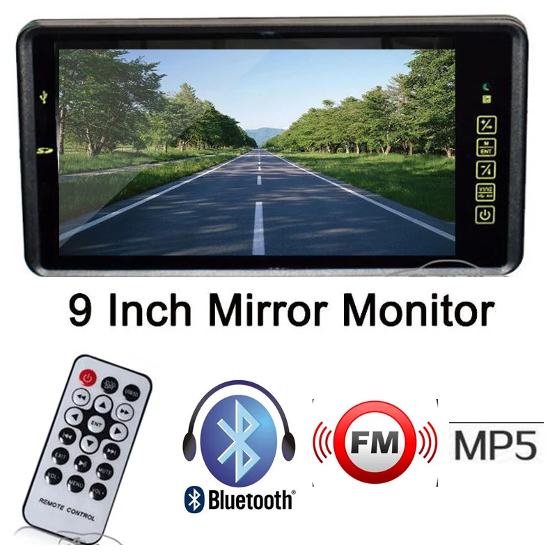 Автомобильный зеркальный монитор с ЖК экраном 1024x600 HD 9 дюймов Bluetooth MP5 FM