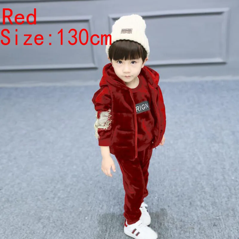 Red Size 130cm Новые зимние из трех частей детский повседневный комплект толстый теплый бархат мода детская одежда комплект - Цвет: Red Size 130cm
