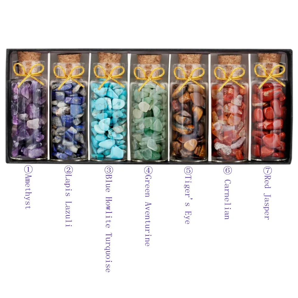 

TUMBEELLUWA 1Lot (7Pc) 7 Chakra Stone Wishing Bottles Chips Tumbled Stones Healing Reiki Energy Crystal Set
