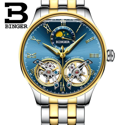 Карнавал бренд для мужчин смотреть двойной Tourbillon механические полые мужские наручные часы Moon Phase календари световой обувь для мальчико - Цвет: BG8606-5C