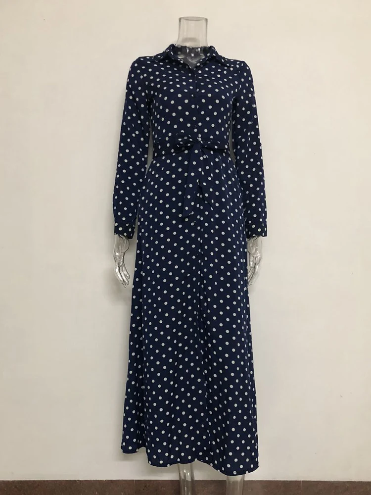 Винтажное Бандажное платье рубашка в горошек для женщин 2019 лето осень с длинным