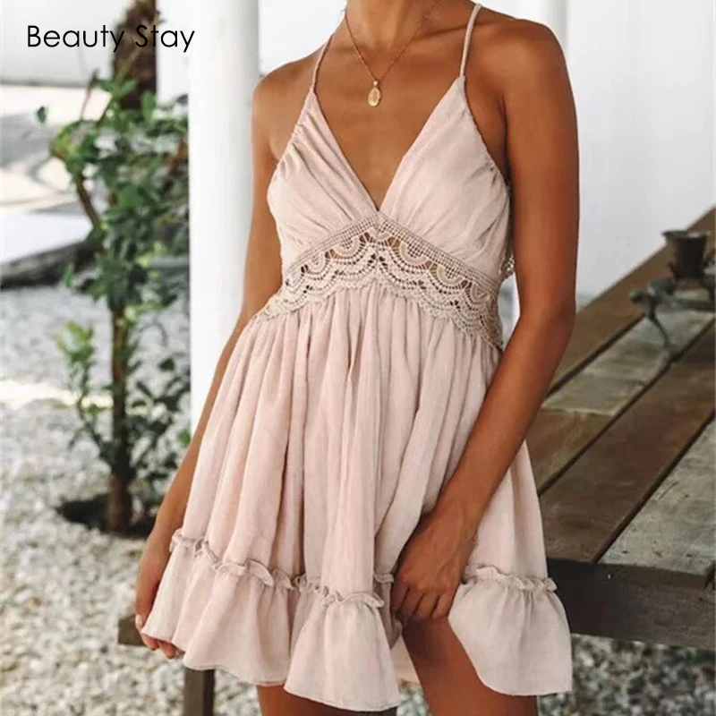 Женское кружевное платье без рукавов Beauty Stay Клубное лоскутное пляжное с V