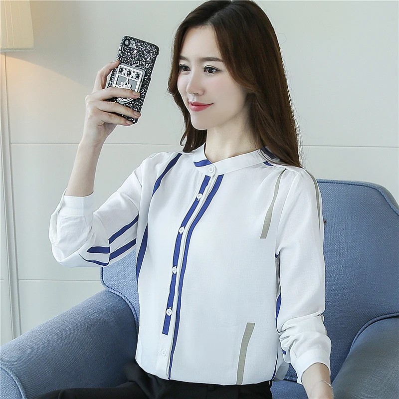 Сплошной цвет 2019 Новая Осенняя модная офисная Женская белая шифоновая блузка с