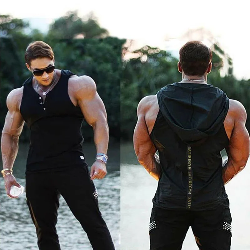 

New Men Bodybuilding quick-drying Tank top Gyms Fitness Hooded Vest Sleeveless Hoodie Casual Fashion Workout Clothing