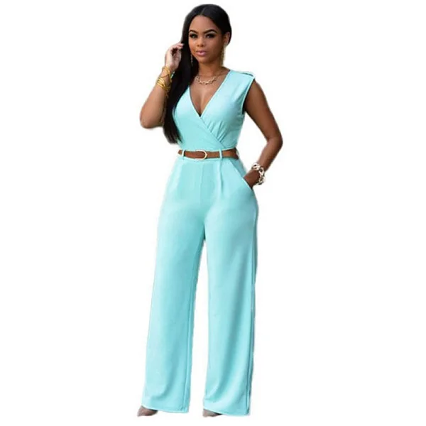 12 Colors Fashion Big Women Sleeveless Maxi Overalls Belted Wide Leg Jumpsuit macacao long pant Elegant Jumpsuits | Женская одежда